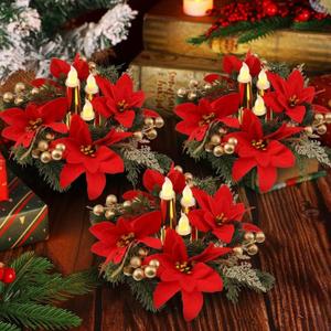Tuanse 3 Set Christmas Poinsettia Centerpieces with Flameless Candles Christmas Red Poinsettia Candle Holder Decoration with Pine Needle Gold Berries LED Candles for Xmas Holiday Tabletop Decor