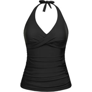 Tempt Me Womens Tankini Top Halter Tummy Control Swim Tops Only Twist Front V Neck Bathing Suit No Bottom (Black, S)