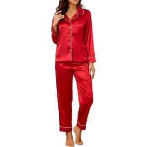 U2SKIIN Women Silk Pajamas Set, Long Sleeve Satin Pajamas for Women Sleepwear Button Down Pjs Set Two-piece (X-Large, Red)