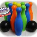 Matty's Toy Stop 10 Pin Multi-Color Deluxe Plastic Bowling Set for Kids with Storage Rack - 12 Pieces Total (10 Pins & 2 Bowling Balls)