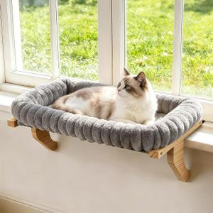 Zoratoo Cloud-Cuddle Cat Perch for Window Sill with Bolster, Natural Wood & Metal Frame Cat Window Seat for Large Cats, Easy to Adjust Zipper Cushion Pet Bed for Windowsill (Medium, Gray)