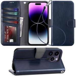 Arae Compatible with iPhone 14 Pro Max Wallet Case with Card Holder and Wrist Strap Wallet Flip Cover for iPhone 14 Pro Max 6.7inch, Blue