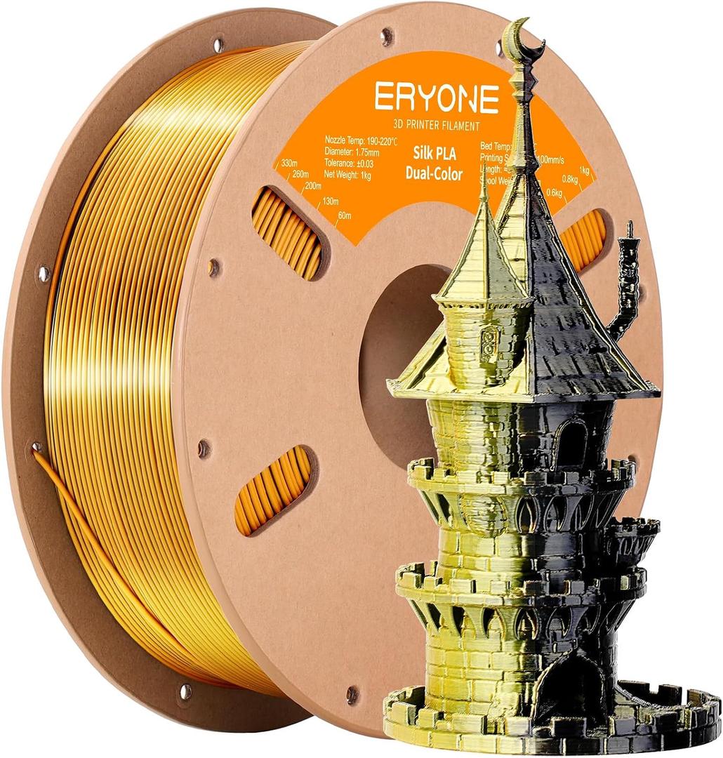 ERYONE Silk Dual Color PLA Filament 3D Printer 1.75mm +/- 0.03mm, Bicolor Filament Two Tone PLA 1KG(2.2lbs) Cardboard Spool, Black Gold