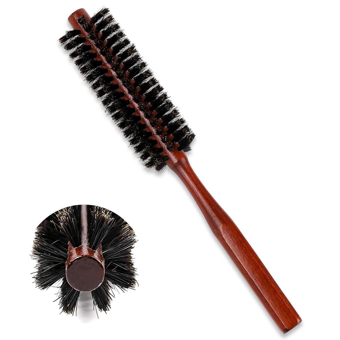 Gjinxi Small Round Hair Brush for Thin Short Hair Natural Boar Bristle Round Brush for Blow Out Wooden Handle Mini Volumizing Roller Brushes for Styling Curling Blow Drying Beard Restore Shine 2pcs