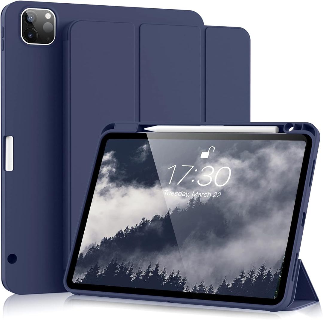 Aoub New iPad Pro 11 Inch Case 2022/2021 with Pencil Holder [Support 2nd Gen Pencil Charging] Trifold Stand Case with Soft TPU Back Cover, Auto Sleep/Wake, Navy