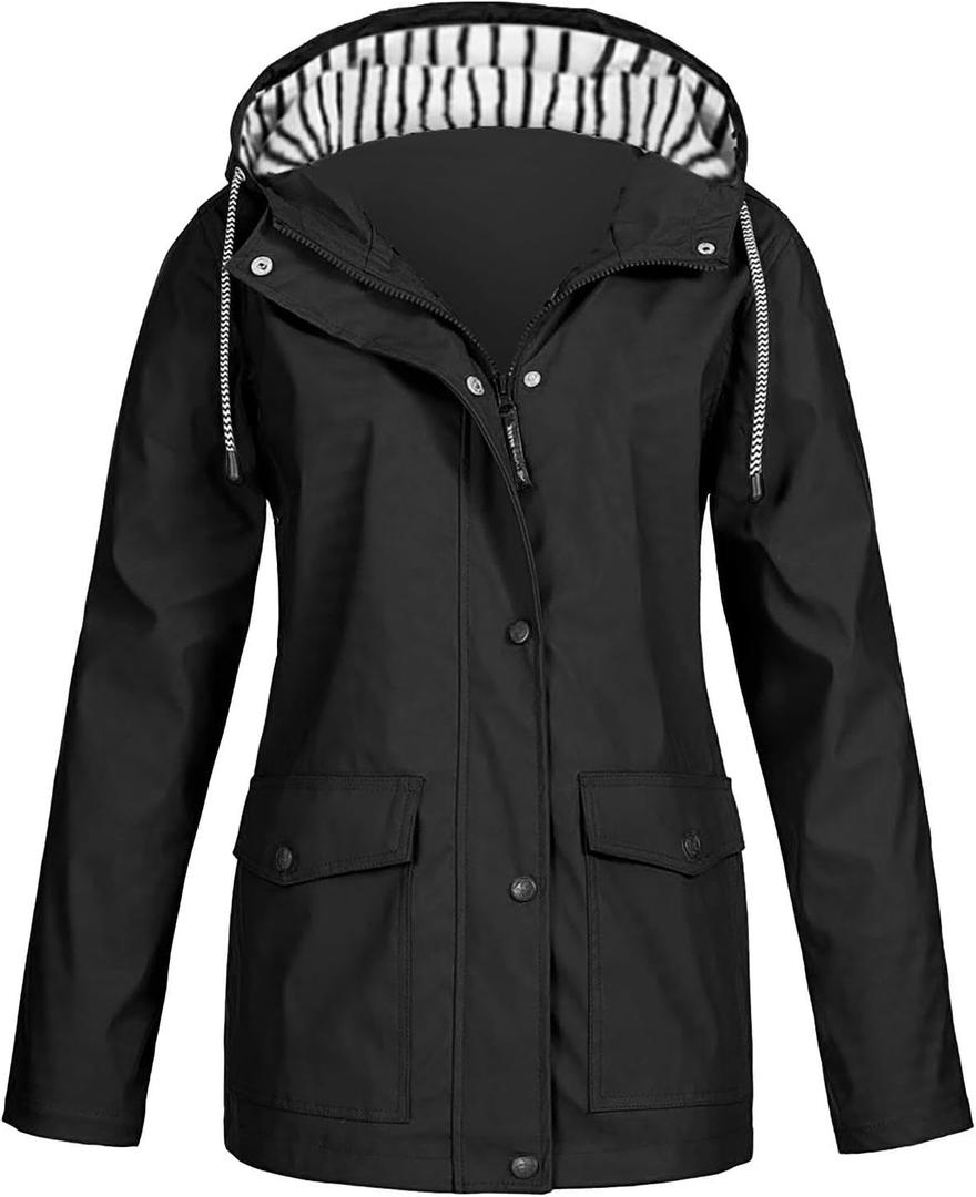 NAMTYQX Womens Hooded Raincoat Lightweight Fit Plus Size Waterproof Dressy Zip up Rain Jacket Windbreaker with Pockets, XL