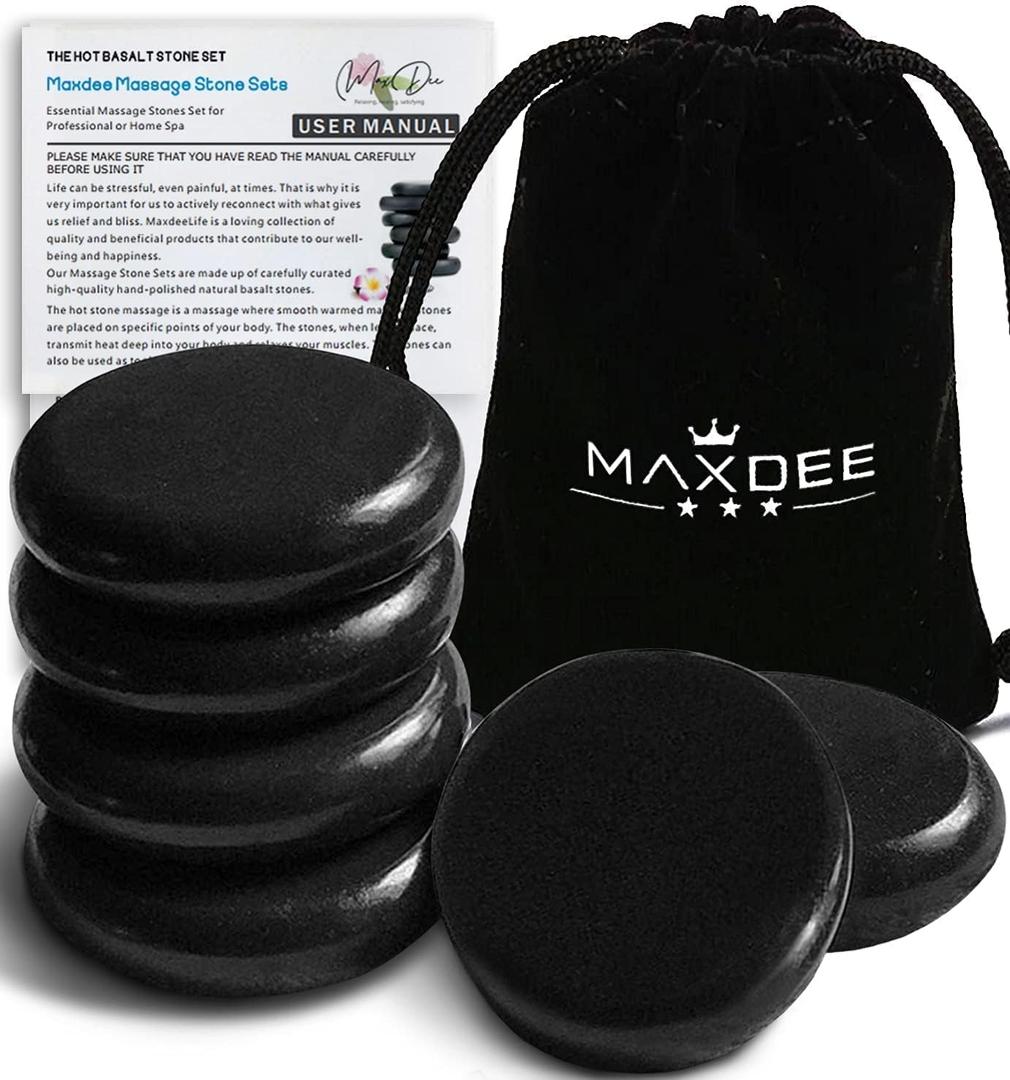 Maxdee Massage Stones Essential Hot Stones for Massage, 6 Large Hot Stones Massage Kit Hot Rocks Massage Stones for Professional or Home Spa, Foot Heater, Relaxing, Healing, Pain Relief, 3.14" (Black)