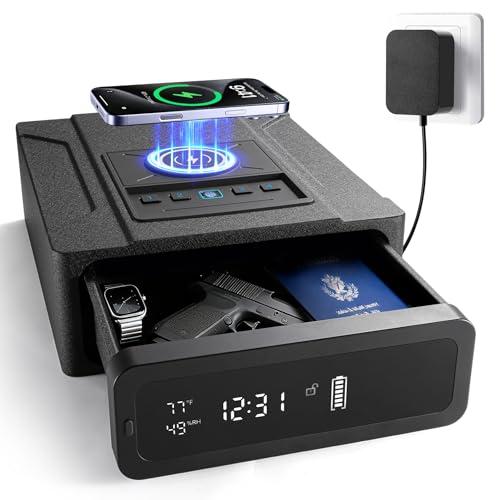 KPASAFE Biometric Safe for Handgun with Wireless Charging, Quick Access Smart Fingerprint Safe, Bedside Pistol Case with 24/7 Digital Alarm Clock and LED Light, Black