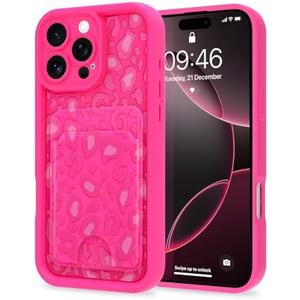 MZELQ Compatible with iPhone 16 Pro Case Silicone Card Holder, Cute Pattern Leopard Cheetah Cover for Girls Women -Hot Pink 