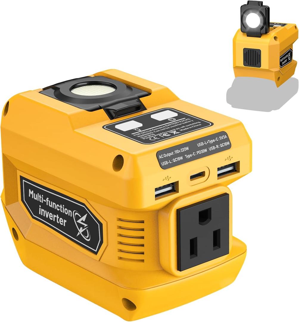 220W Power Inverter Compatible with Dewalt 20V Battery, DC 20V to AC 110V Portable Power Station with 1 AC Outlet, 2 USB Ports & 1 Type-C Fast Charging, 400LM LED Work Light (Yellow)