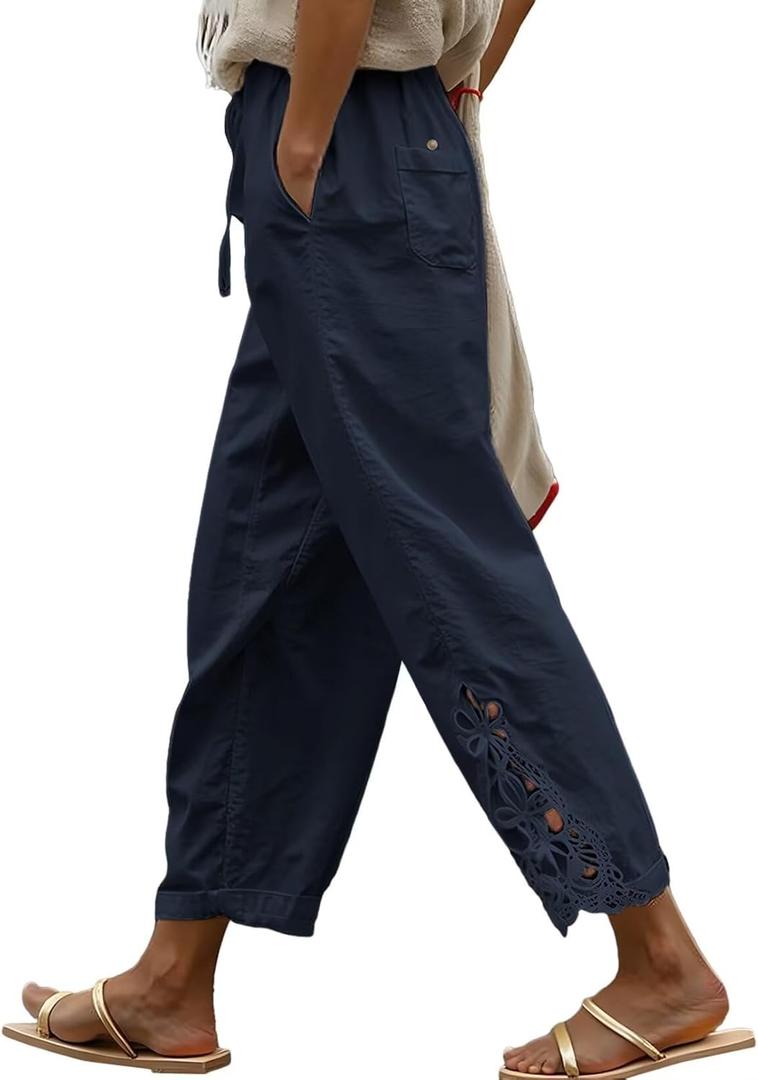 Acelitt Women Casual Lightweight Drawstring Elastic Waist Pants with Pockets, (Blue, L)