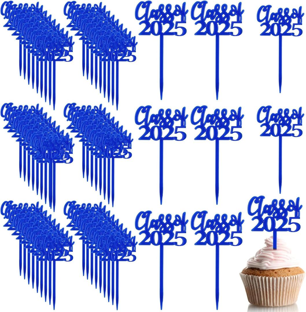 Boao 100 Pieces Class of 2025 Cupcake Toppers Plastic Graduation Cake Picks Graduation Decorations Grad Party Supplies(Blue)