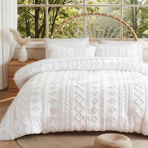 MR&HM Queen Comforter Set 7 Pieces, Fluffy Tufted Boho Beddding Set White