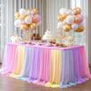 Wish Care Rainbow Tulle Tablecloth for 6 Foot Rectangle Tables Double Layer Tulle Tutu Desk Skirt Unicorn Ruffle Pastel Table Cloth Stretch Fitted Table Covers for Girls Birthday Baby Shower Party