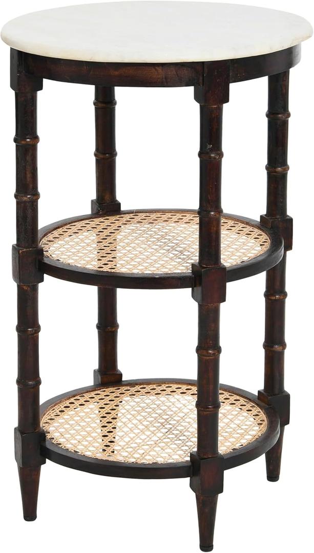 Creative Co-Op Round Solid Wood End Table with Genuine Marble Top and 2 Woven Cane Storage Shelves, Brown Stain and Natural