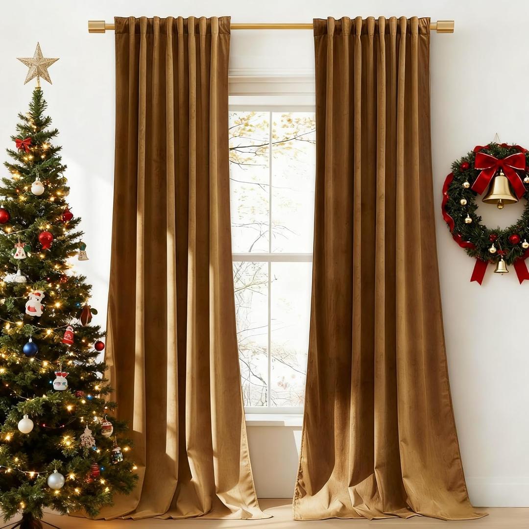 StangH 120 inches Velvet Curtains for Living Room, Vintage Gold Brown Blackout Thermal Insulated Window Curtain Panels for Sliding Glass Door/Hall/Villa, W52 x L120, 2 Panels