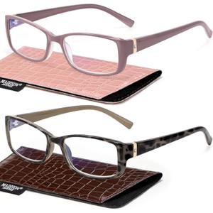 Madison Avenue 2 Pack Classic Blue Light Blocking Reading Glasses for Women, Vintage Anti Glare/Eyestrain Computer Readers Demi/Purple +1.5