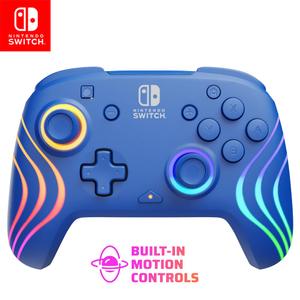 PDP Gaming Afterglow Wave Wireless Nintendo Switch Pro Controller - Officially Licensed, Nintendo Switch 2, Switch Lite/OLED, RGB LED Customization, App Controls, Rechargeable Battery Power - Blue