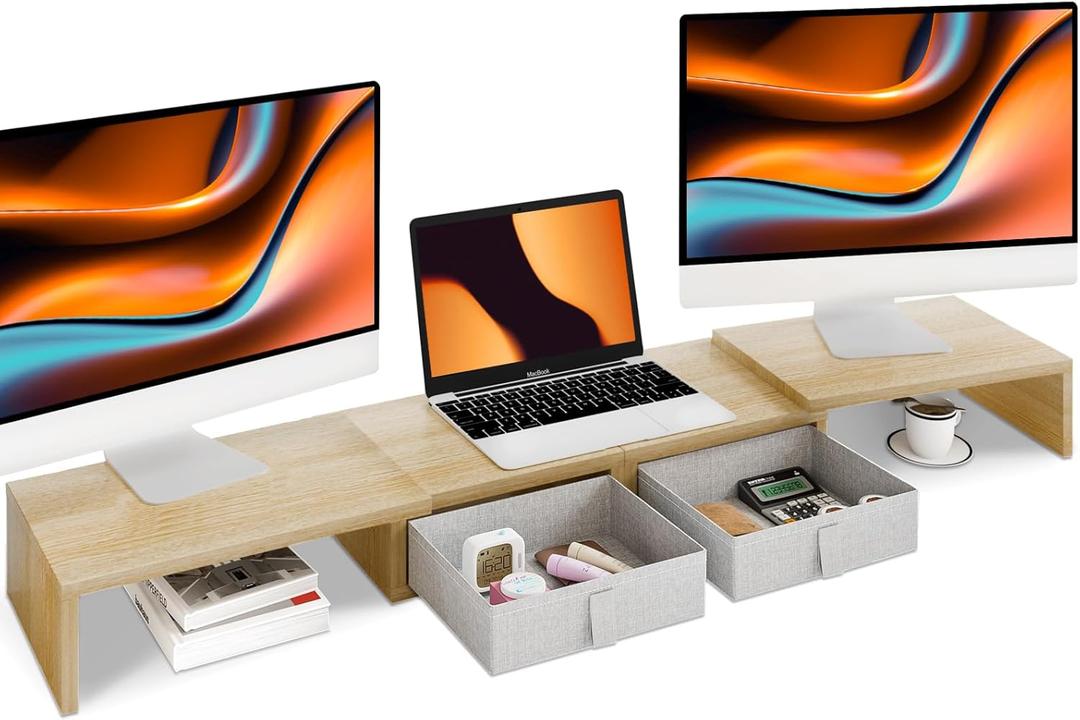 TEAMIX Dual Monitor Stand Riser - Length and Angle Adjustable White Monitor Stand with 2 Drawers to Storage Large Computer Riser for 2 Monitors/Laptop/PC, Wood Screen/TV Stand Desk Organizer (Maple)