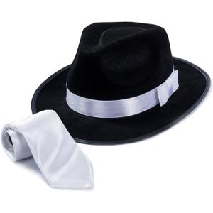 Tigerdoe Fedora Gangster Hat - Mobster Costume - Felt Hat & White Neck Tie - (2 Pc Set) Fedora Hat