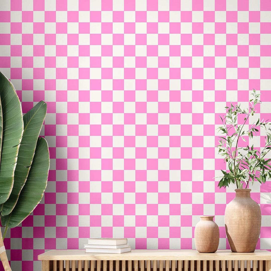 Drydiet Retro Checkerboard Peel and Stick Wallpaper Summer Checkered Wallpaper Checkered Removable Wall Paper Decorative Checkered Decor for Bathroom Cabinet Shelf Countertop (Pink, 9.8' x 15.75'')