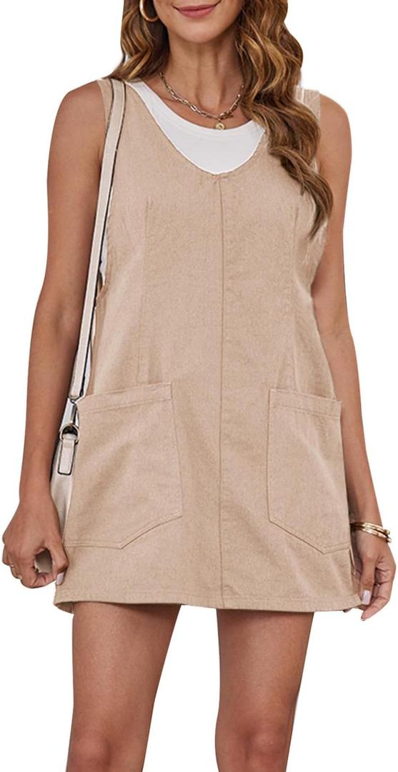 Womens Overalls Denim Dress Loose Casual Sleeveless Mini Pinafore Jean Romper Summer 2025 Outfits High Roller Skirtall Khaki (Beige, L)