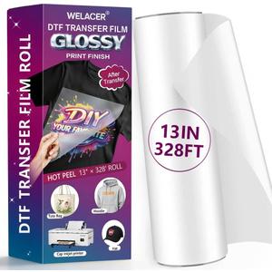DTF Transfer Film Roll, 13" x 328ft Glossy Transfer Finish, Double-Sided Coated PET Film, Hot & Cold Peel Compatible