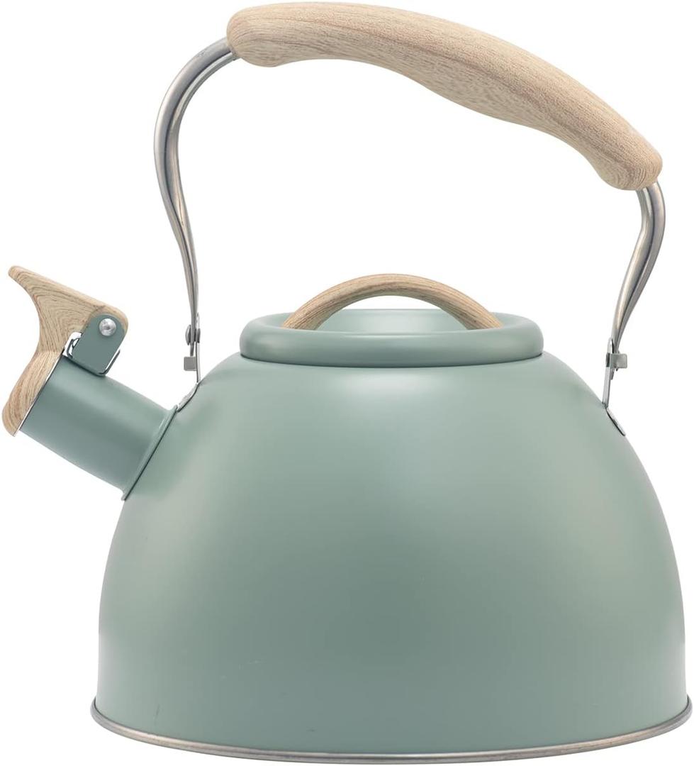 3.2 Quart Whistling Tea Kettle for Stove Top Stainless Steel Tea Pots With Wood Pattern Anti-slip Handle, Green