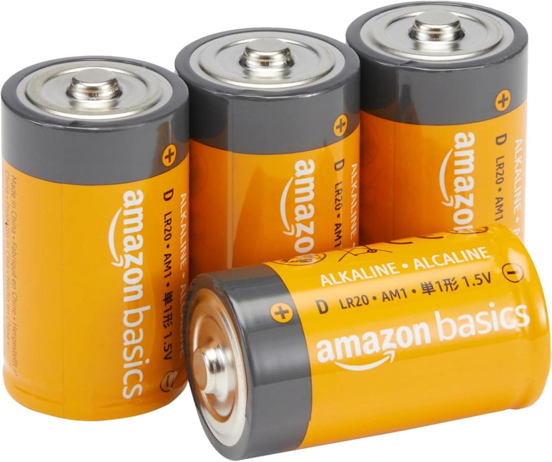 Amazon Basics 4-Pack D Cell Alkaline Batteries, 1.5 Volt, 5-Year Shelf Life, Long-Lasting Power, for Clocks