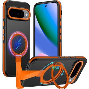 TIANNIUKE for Google Pixel 10 Pro Case/Pixel 10 Case 360Rotatable Magnetic Ring Holder Stand with Silicone Strap, Fit for MagSafe Mil-Grade Shockproof Translucent Matte Phone Cases, Orange
