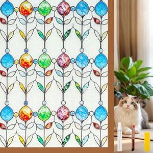 Countewol Frosted Privacy Window Film Stained Glass Style Adhesive-Free Residue-Free Reusable Easy to Install with Tools (Frosted StainFlair, 35.4 x 78.7 in)