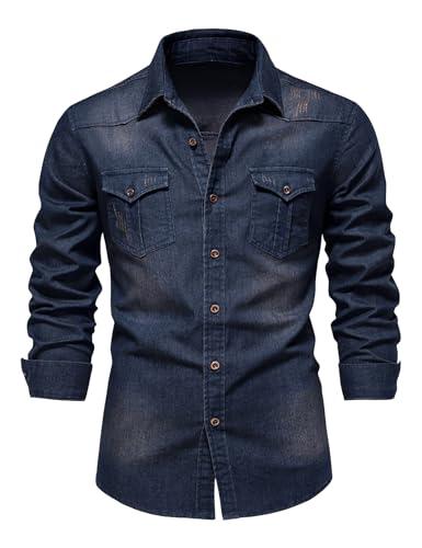 Eisctnd Men's Denim Button Down Shirt Classic Fit Long Sleeve Jean Work Shirts with 2 Pockets(Navy-S)