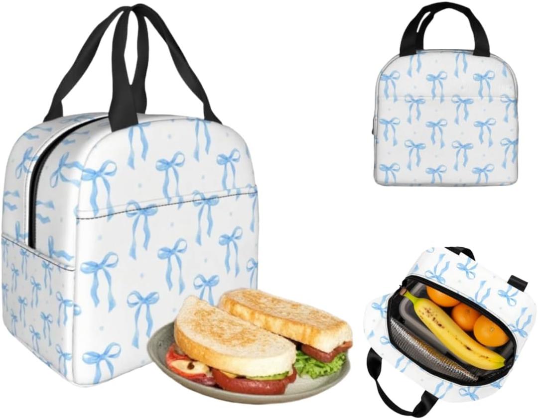Bow Lunch Box, Cute Blue Ribbon Bow Watercolor Insulated Lunch Tote Bag for Women & Men, Small Lunch Bag for Work Picnic Travel Office, 8.5x8x5 Inch