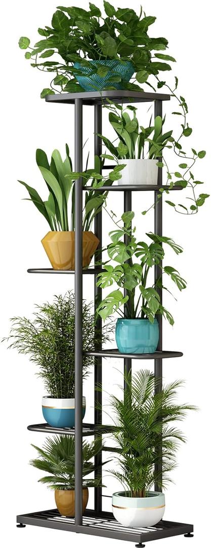 LINZINAR Plant Stand Indoor Outdoor Metal 6 Tier 7 Potted Multiple Flower Pot Holder Shelf Planter Display Shelving Unit for Patio Garden Corner Balcony Living Room (6 Tier 7 Potted, Dark Grey)