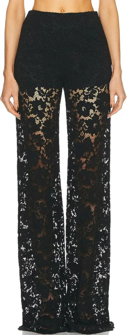 Lace Bell Bottom Pants for Women Sexy See Through Flare Leggings Hollow Out Mesh Sheer Cover Up Trousers (Large, Black)