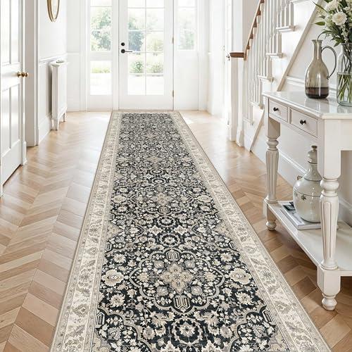 YAMEIJING Non Slip Runner Rug for Hallway Long Carpet Runners 3x12 Black Beige - Soft Thin Washable Stain and Spill Resistant for Wide Entryway Laundry Room - Distressed Vintage Kitchen Rugs