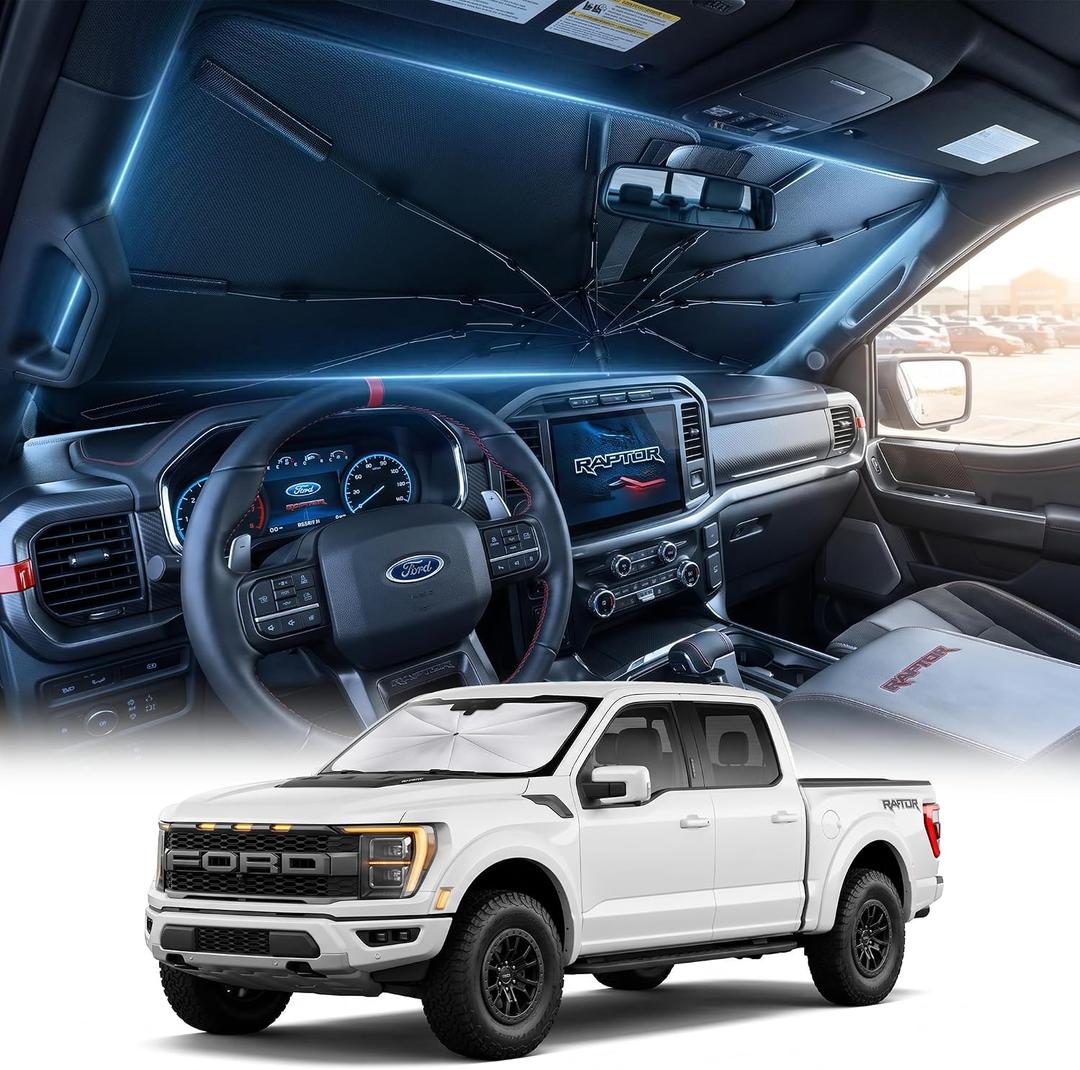 [2026 Upgraded] DooGooCoo Windshield Sun Shade Umbrella for Ford F150 F250 F350 F450 [100% Sunlight Blocked, Cooling Ice Crystal] Sunshade for Car Windshield for f150 Sun Shade 2015-2026.