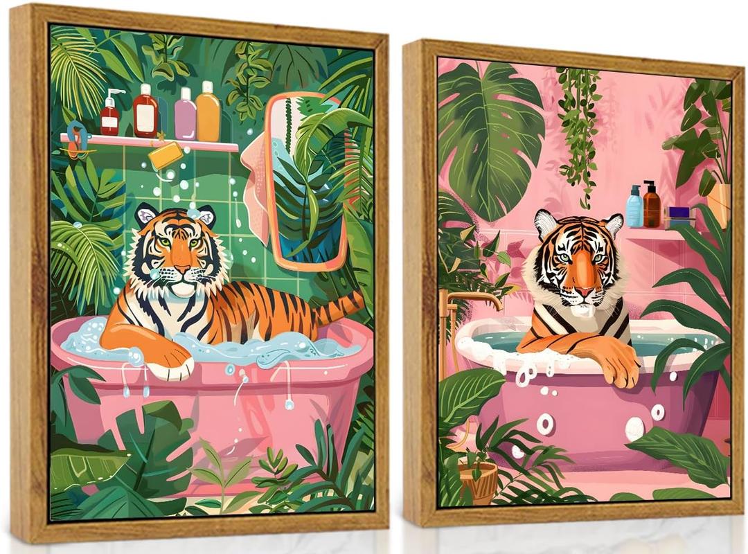 ARTZIO Framed Canvas Wall ArtWhimsical Tiger in Bathtub Jungle Bath Decor,Funny Animal Wall Art for Bathroom,Living Room & Home OfficeSet of 2 (1216) (2-PCS-3)