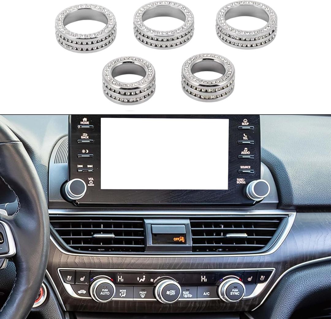 5 Pcs AC Air Conditioner Media Volume Tune Control Switch Knob Cover Ring for Honda Accord Sedan Sport EX EX-L LX 2018-2022 Aluminum Alloy Silver Tone