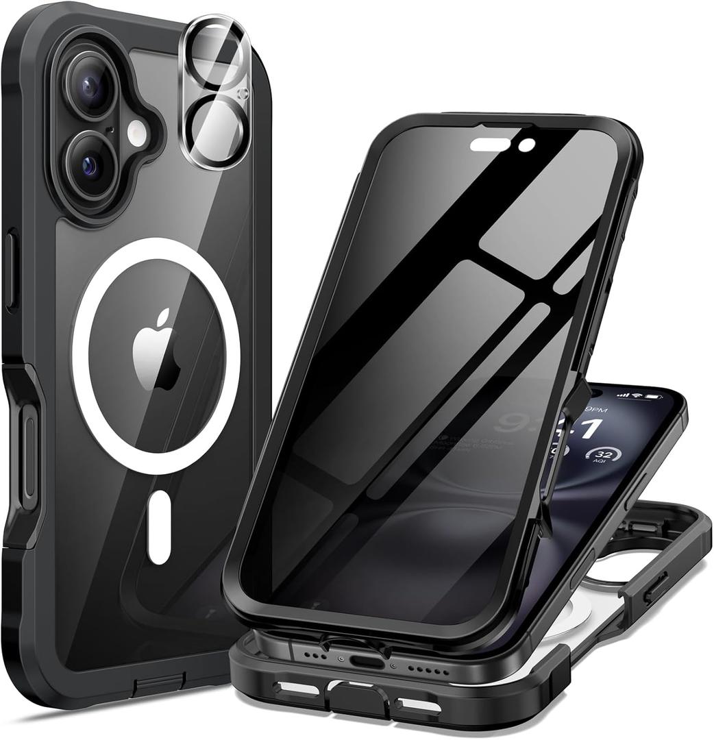 seacosmo for iPhone 16 Case, Full Body Bumper with Built-in 9H Tempered Glass Privacy Screen Protector and Camera Lens Protector, Compatible with MagSafe, Shockproof Phone Cover, 6.1", Black