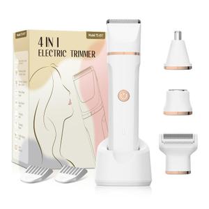 Electric Bikini Trimmer for Women - 4 in 1 Electric Razors for Women, Waterproof Pubic Hair Trimmers and Facial Hair Remover, Replaceable Shaver & Nose Hair Trimmer, Rechargeable Women's Grooming Kit (Whire)
