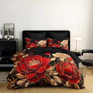 Black and Red Comforter Set King Size Vintage Gothic Floral Bedding 3 Pcs Luxury Botanical Flower Quilted Comforter for Elegant Women Bedroom Decor,Red Gold/104"x90"
