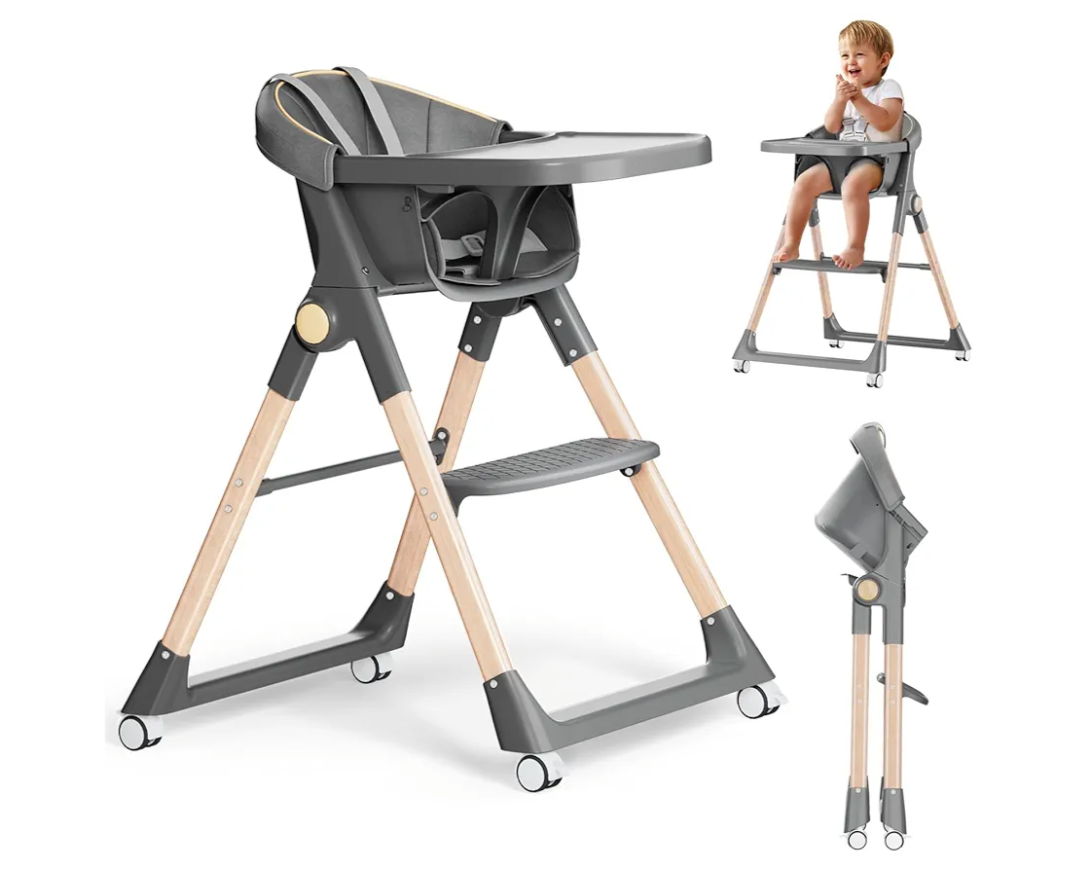 Baby High Chair, High Chairs for Babies and Toddlers, Convertible Folding High Chair with Wheels, Removable Tray 5 Point Harness Footrest Detachable PU Cushion, Portable Highchair for Baby Toddlers
