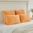 FUTEI Orange Decorative Throw Pillow Covers Set of 2, 26x26 Inch Soft Fluffy Faux Fur Plush Striped Euro Pillow Shams, Modern Home Decor for Couch Bed Living Room