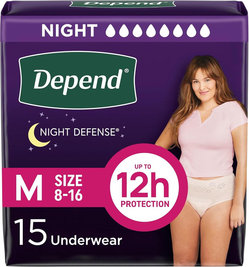 Depend Night Defense Adult Incontinence & Postpartum Bladder Leak Underwear for Women, Disposable, Overnight, Medium, Blush, 15 Count, Packaging May Vary