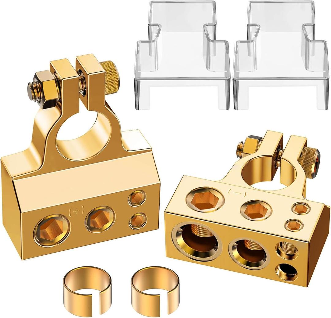 Battery Terminal Connectors, 0/4/8/10 Gauge AWG Battery Terminal, Positive Negative Battery Terminals, with 2 Clear Covers and Shims, Battery Connectors for Car, Marine, Truck, Motorcycle (Gold)