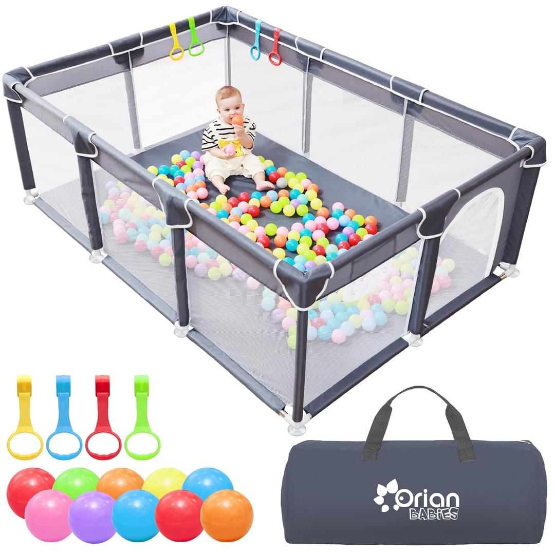 Orian Baby Playpen 50x74 XL Size for Babies and Toddlers, Oxford Fabric, Indoor & Outdoor Play Pen, Includes 10 Colorful Balls, 4 Pull Up Rings, Carry Bag