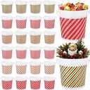 Honeydak 24 Pcs 32oz Christmas Plastic Bucket with Handle 5.3 x 4.8 x 3.7 Inches Reusable Christmas Treat Buckets for Gift Red Green Color Stripes Food Container for Xmas Winter Holidays Party Favors