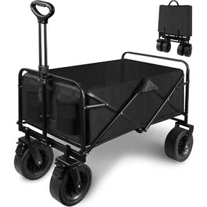 Collapsible Folding Wagon Cart, Large Capacity Outdoor Wagon Garden Cart with All-Terrain Wheels & Side Pockets, Heavy Duty Utility Beach Cart for Camping, Picnic, Fishing Activities, Black