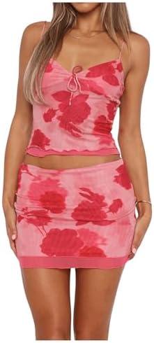 SOLY HUX Women's Summer Mesh Mini Skirt Sets 2 Piece Sexy Crop Camisole Tops Skirts Y2K Suit Going Out Outfits Size Xs